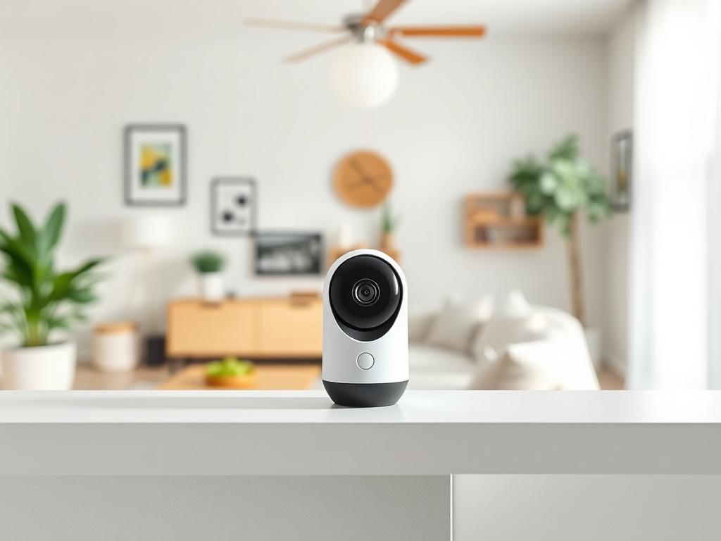 A sleek smart home Wi-Fi security camera positioned on a modern shelf in a well-lit living room. The camera should be shown capturing a clear view of the room, with a cozy and inviting atmosphere. Soft light should illuminate the space, highlighting the device's modern design.