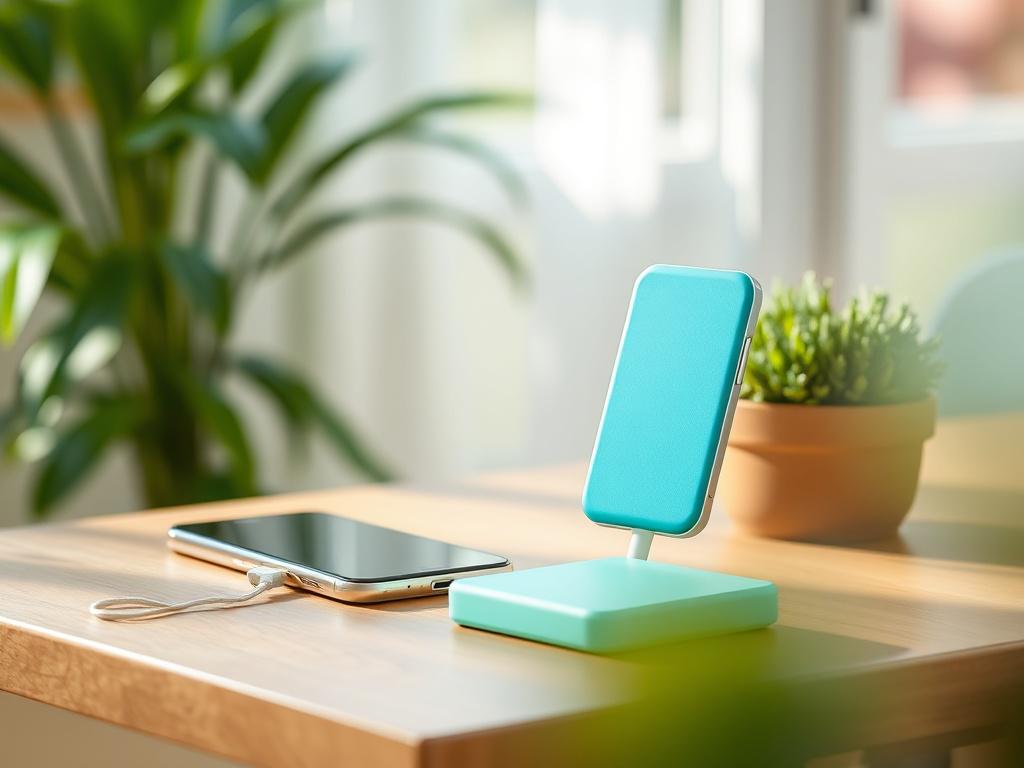 A modern portable phone charger displayed on a wooden table next to a smartphone, with a bright and airy background. The charger should be shown in a vibrant color, emphasizing its sleek design. Natural light should enhance the scene, creating a welcoming atmosphere.