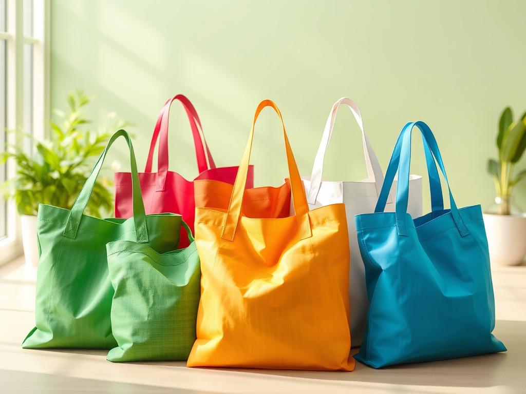 A vibrant collection of eco-friendly reusable shopping bags in various colors, displayed in a bright, natural setting with soft lighting. The bags should be shown in an open position, showcasing their spacious interiors. The background should feature a hint of greenery, emphasizing an eco-conscious lifestyle.