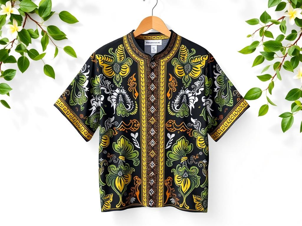 A realistic high-resolution photo of a RaanPahMuang Brand Unisex Bright African Black Dashiki Cotton Shirt displayed on a simple white background. The shirt should be the focal point, showcasing its intricate patterns and bright colors. Natural lighting should highlight the texture of the cotton fabric, creating a fresh and inviting atmosphere.