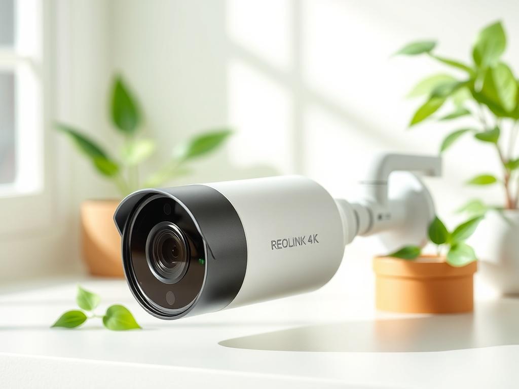 A realistic high-resolution photo of the REOLINK 4K Security Camera System, showcasing an elegant camera design on a simple white background. The camera should be positioned at an angle that highlights its features and build quality, with soft natural lighting. The setting should evoke a clean, modern aesthetic, emphasizing clarity and trust, with a fresh green accent to match the overall theme.