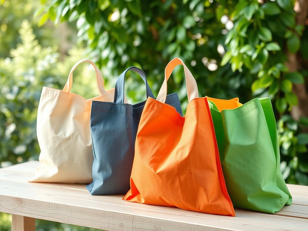 A realistic high-resolution photo of eco-friendly reusable grocery bags displayed in a natural setting. The bags should be colorful and stylish, lying on a light wooden surface with green foliage in the background, showcasing their versatility and eco-friendliness.