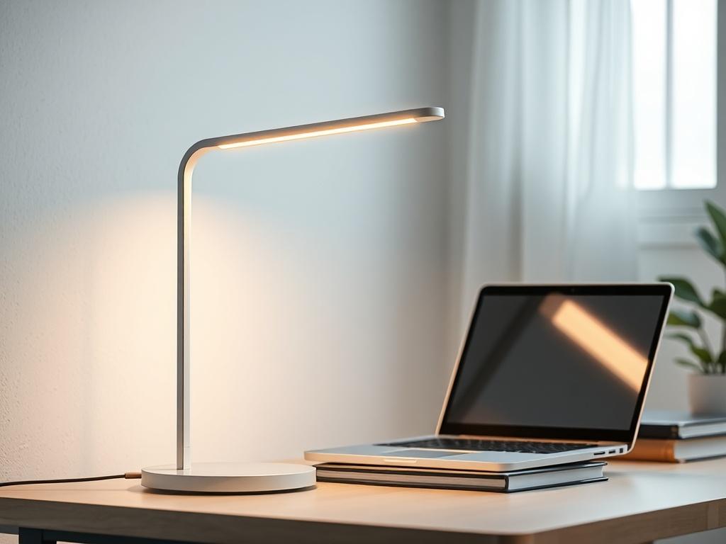 A realistic high-resolution photo of a sleek smart LED desk lamp on a modern workspace. The lamp should be turned on, casting a warm glow, with a laptop and some books in the background, illustrating its functionality and stylish design.
