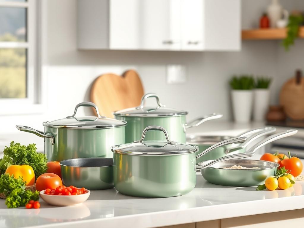 A realistic high-resolution photo of a premium non-stick cookware set displayed on a kitchen countertop. The cookware should be shiny and inviting, with fresh vegetables and spices arranged around it, showcasing its usability and modern design.