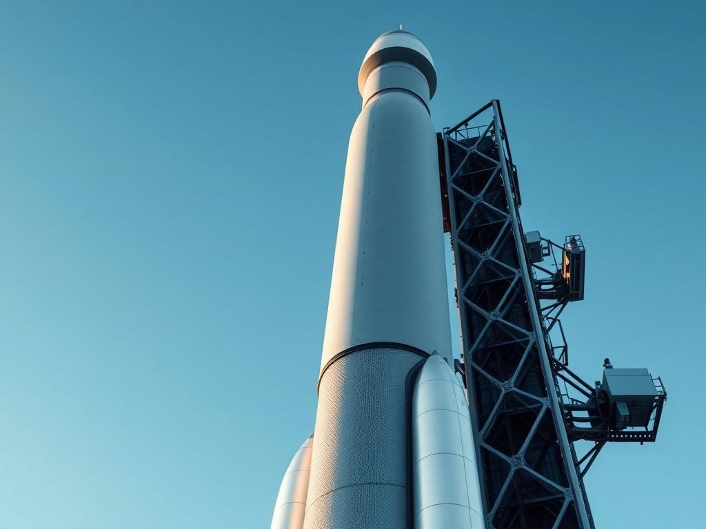 A realistic high-resolution close-up of a Falcon 9 rocket on the launch pad, focusing on the rocket with a clear blue sky in the background. The image should capture intricate details of the rocket's structure, showcasing the metallic textures and features. The lighting should highlight the rocket while keeping the background simple and unobtrusive, emphasizing the subject. Use a hyper-realistic style, compatible with the color rgb(122, 86, 4).