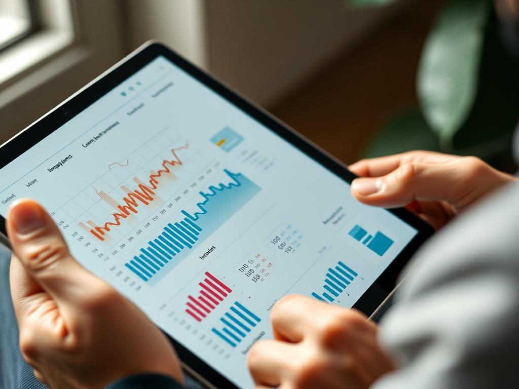 A close-up of a person analyzing social media analytics on a tablet, with graphs and engagement metrics visible, shot with a 45mm f/1.2 lens.