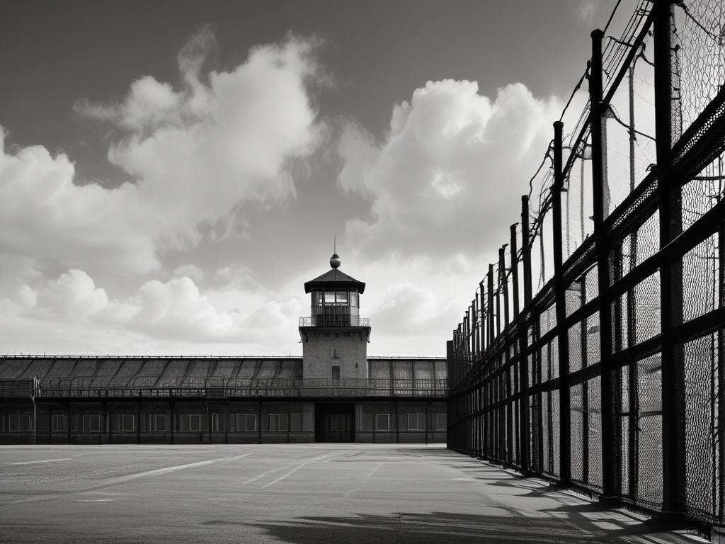 Create a highly detailed, realistic high-resolution photograph that embodies the theme of "The Prison-Industrial Complex." The composition should be simple and clear, featuring a solitary figure standing in a dimly lit prison cell. This person, a middle-aged African American man, exudes a sense of contemplation and resilience, with deep shadows accentuating the lines of his face. He gazes out through the barred window, symbolizing the struggle for freedom and the weight of systemic oppression.

In the backg