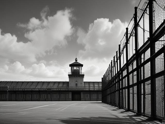 Create a highly detailed, realistic high-resolution photograph that embodies the theme of "The Prison-Industrial Complex." The composition should be simple and clear, featuring a solitary figure standing in a dimly lit prison cell. This person, a middle-aged African American man, exudes a sense of contemplation and resilience, with deep shadows accentuating the lines of his face. He gazes out through the barred window, symbolizing the struggle for freedom and the weight of systemic oppression.

In the backg