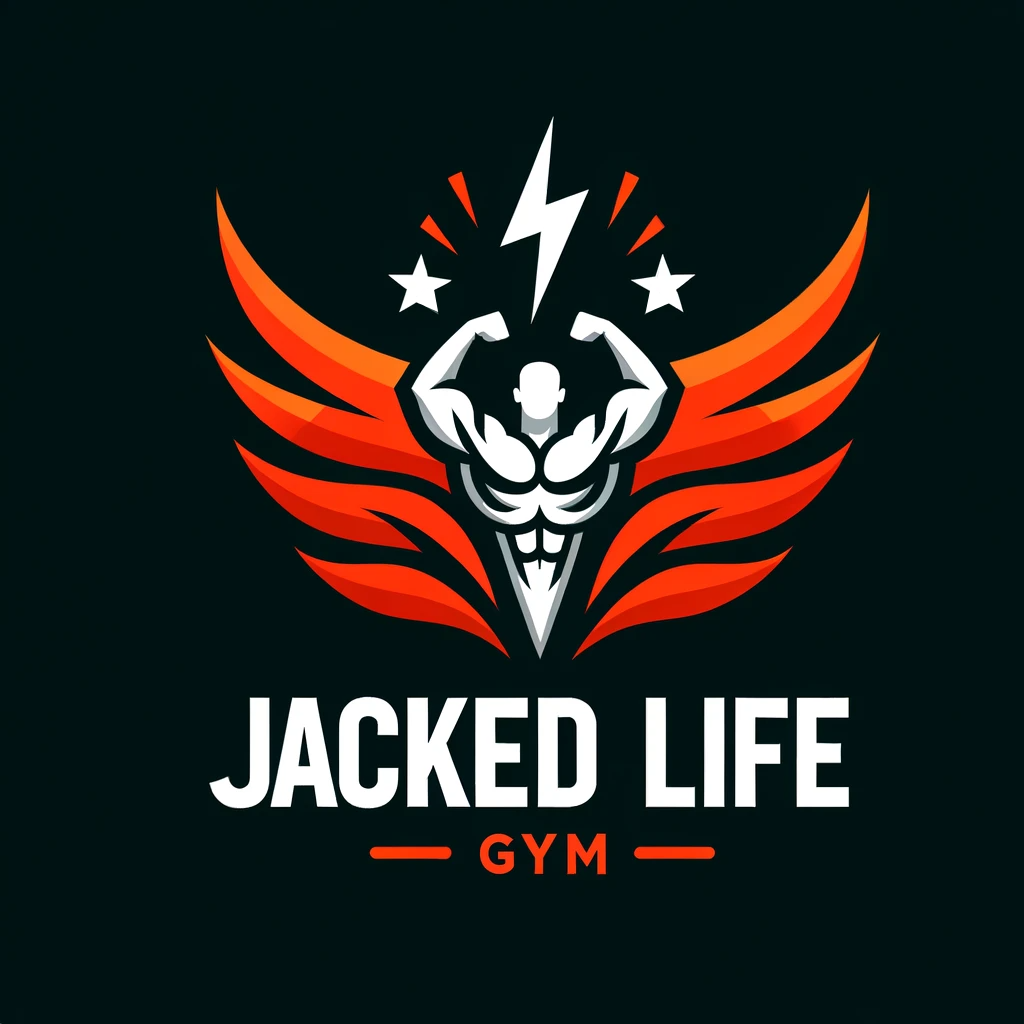 <br/>The image is a logo for &#x27;Jacked Life Gym&#x27;. It features a stylized, muscular figure with arms raised in a flexing pose. Above the figure is a lightning bolt, suggesting power and energy. The figure is flanked by dynamic, flame-like wings or curves that add a sense of movement. The logo uses a contrast of red and white elements on a black background. The text &#x27;JACKED LIFE&#x27; is prominently displayed in bold, capital letters below the figure, with &#x27;GYM&#x27; in a smaller font.