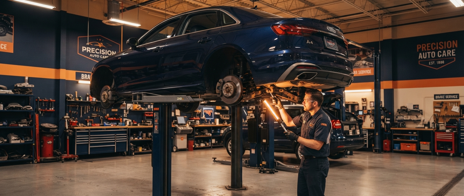 Car raised on a lift during a brake inspection at the BSBT workshop