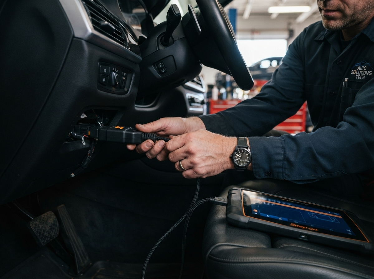 Technician connecting a computer diagnostic scanner to a vehicle