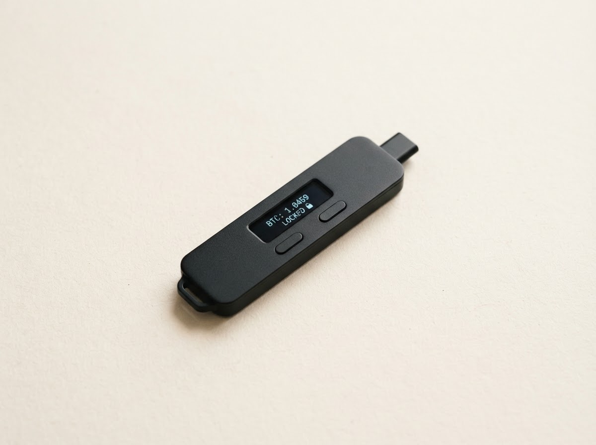 A Trezor-style hardware wallet on a warm neutral surface