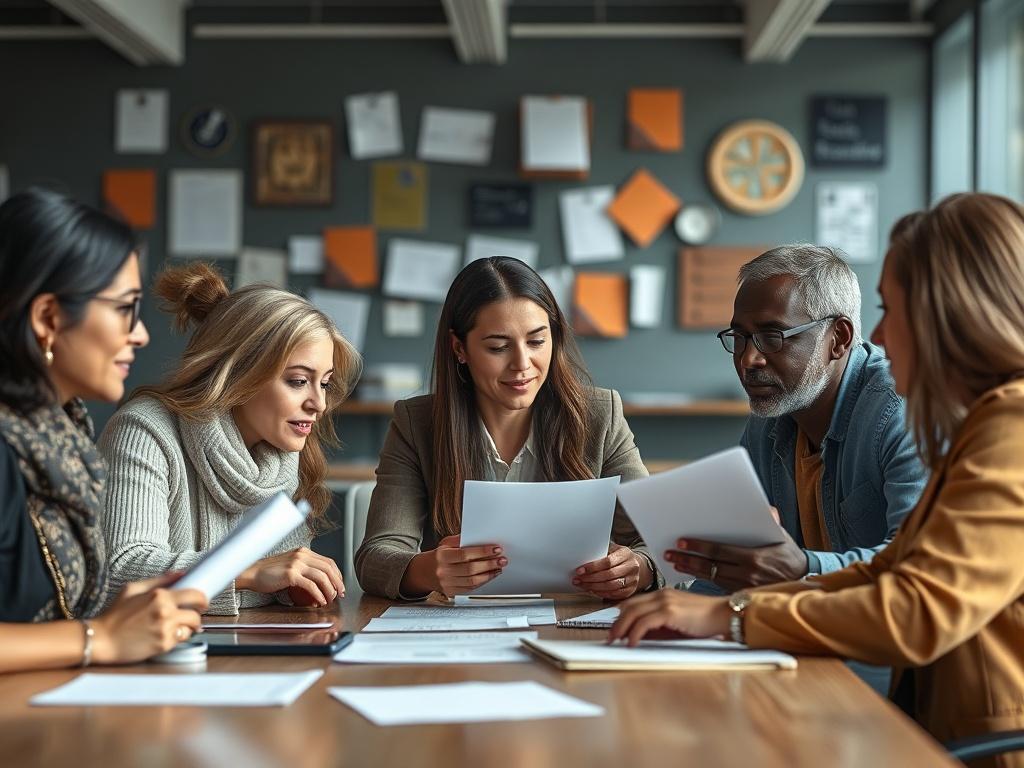 A close-up of a diverse group of scholars engaged in a lively discussion at a conference table. They are exchanging ideas and looking at documents together. The background features a modern office setting with academic-themed decorations, emphasizing collaboration and innovation. The image should capture the essence of teamwork and intellectual exchange.