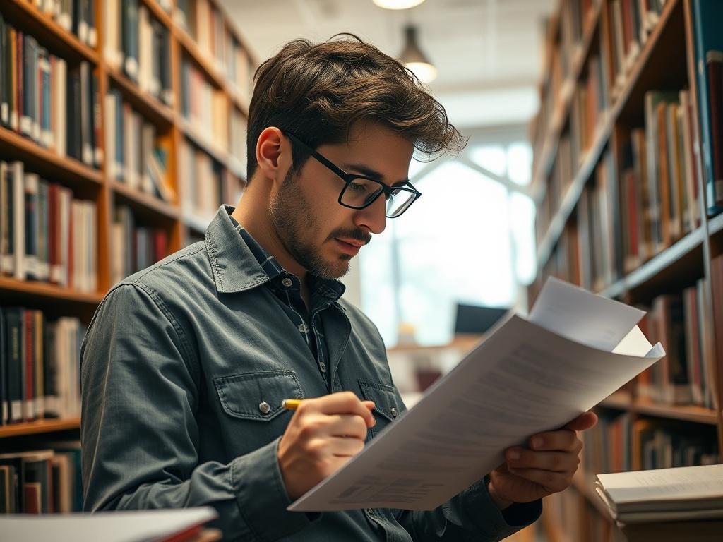 A focused close-up of a researcher in a library, reviewing papers and writing notes. The background features bookshelves filled with academic journals, creating an ambiance of scholarly pursuit. The lighting is warm and inviting, highlighting the subject's concentration and dedication. The image should evoke a sense of professionalism and commitment to knowledge.