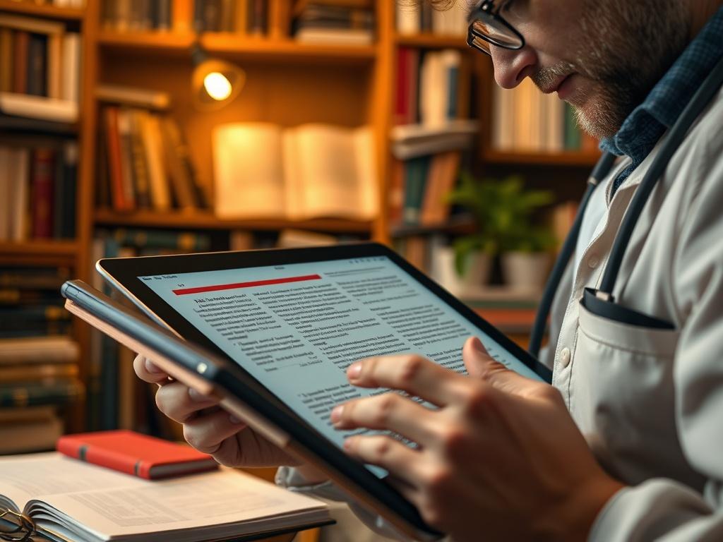 A close-up of a researcher reading a digital journal on a tablet, with highlighted sections and notes. The background is a cozy workspace filled with books and academic materials, creating an atmosphere of learning and discovery. The image should convey a sense of engagement with modern research.