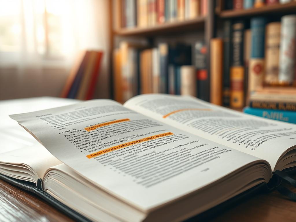 A close-up shot of an open academic journal with highlighted text and notes, situated on a wooden desk. The background features a blurred bookshelf filled with various social science books. Soft natural light illuminates the page, emphasizing the journal's importance in academic research.