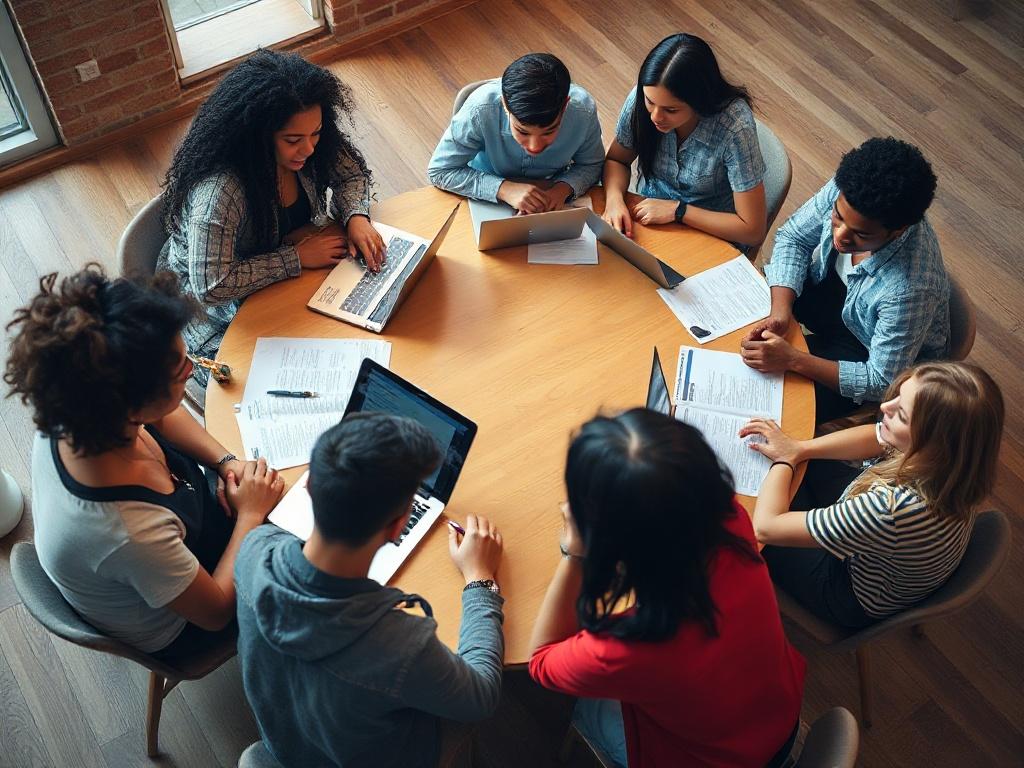 A high-resolution close-up shot of a diverse group of students engaged in a lively discussion around a round table, with laptops and papers scattered. The image captures the energy of collaboration and community spirit, with a background that complements the rgb(4, 104, 120) primary color.