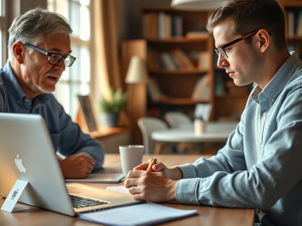 A high-resolution close-up shot of a mentor and a student discussing research ideas, with open notebooks and a laptop on the table. The setting is warmly lit and inviting, creating a focused atmosphere for academic guidance, with colors that harmonize with the rgb(4, 104, 120) primary color.