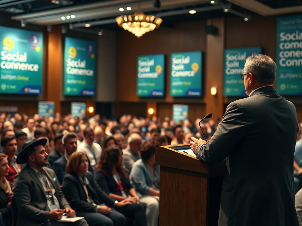 A high-resolution image capturing a lively social sciences conference scene. The focal point is a speaker at the podium addressing an audience filled with engaged attendees. The background includes banners with the conference theme and a well-decorated hall. A spotlight shines on the speaker, highlighting their enthusiasm and the audience's interest.