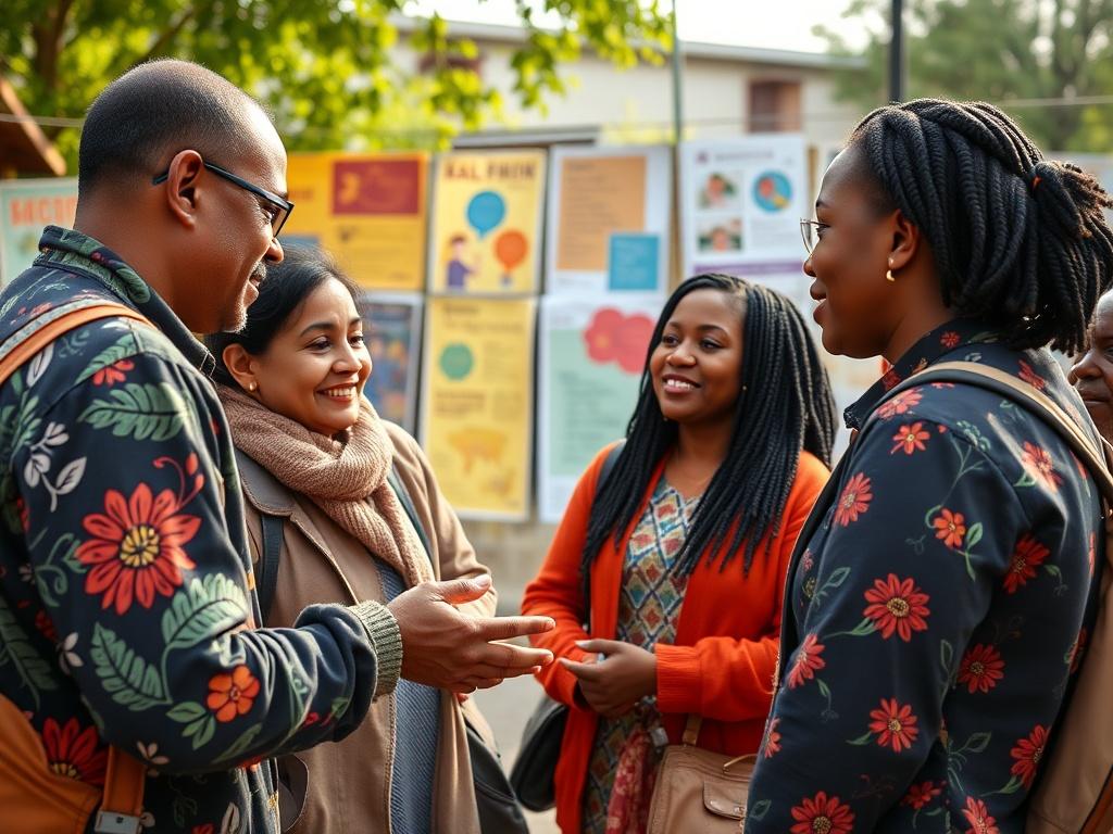 A high-resolution image showcasing a community engagement project in action. The image features volunteers interacting with community members in an outdoor setting, discussing social issues. Colorful posters are displayed in the background, and the atmosphere is warm and inviting. The focus is on the positive interaction and collaboration between volunteers and the community.