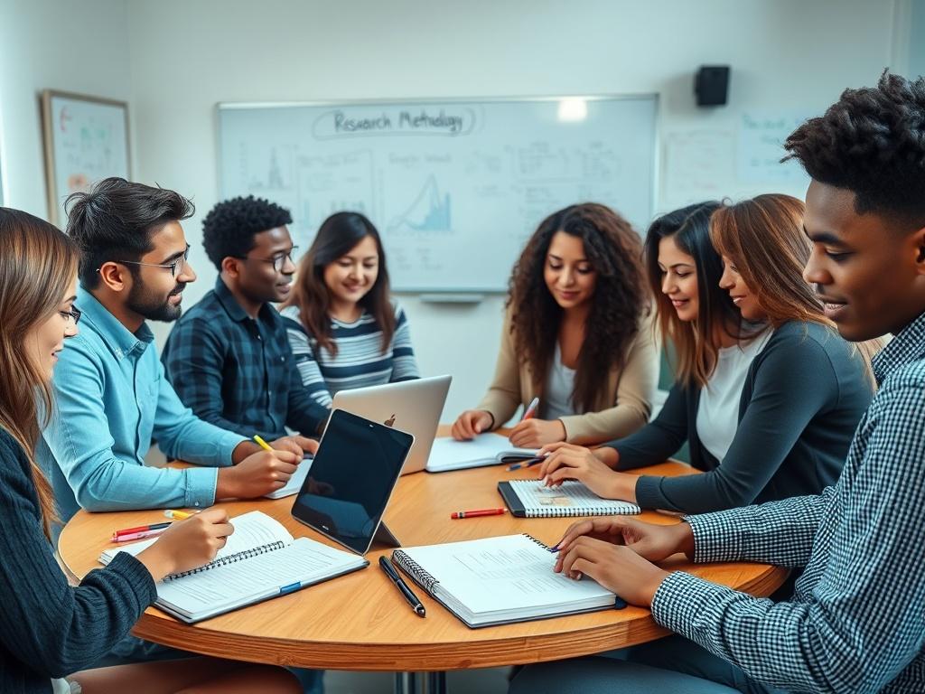 A high-resolution image of a diverse group of students engaged in a research methodology workshop. The composition shows a round table with students discussing ideas, notebooks, and laptops open. The background features a whiteboard with graphs and notes, emphasizing a collaborative learning environment. The lighting is bright, creating an energetic atmosphere.
