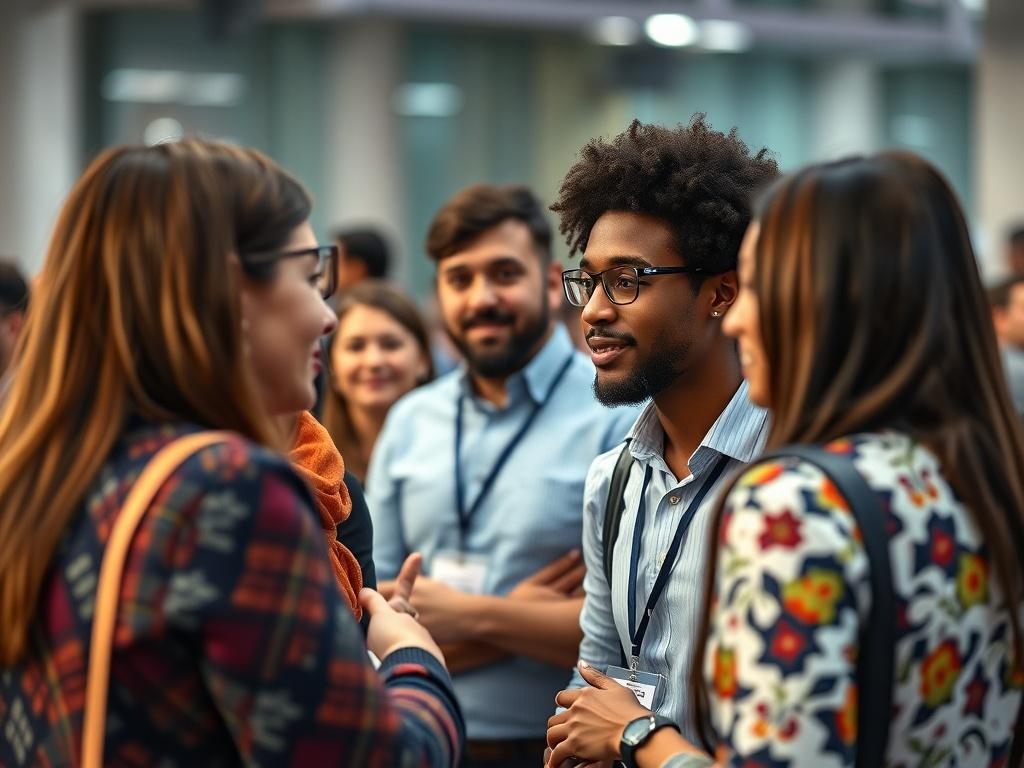 A high-resolution close-up of a group of diverse individuals engaged in a discussion at a conference, representing networking in the academic community. The setting is vibrant and dynamic, showcasing the energy of collaboration.