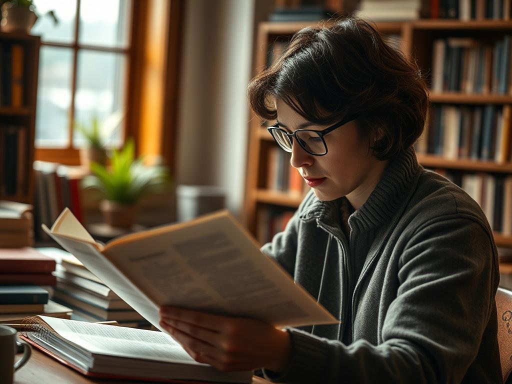 A high-resolution close-up of a researcher engrossed in reading a journal article, surrounded by books and notes, with a warm light illuminating the scene. The background features a cozy study atmosphere, emphasizing the pursuit of knowledge in the social sciences.