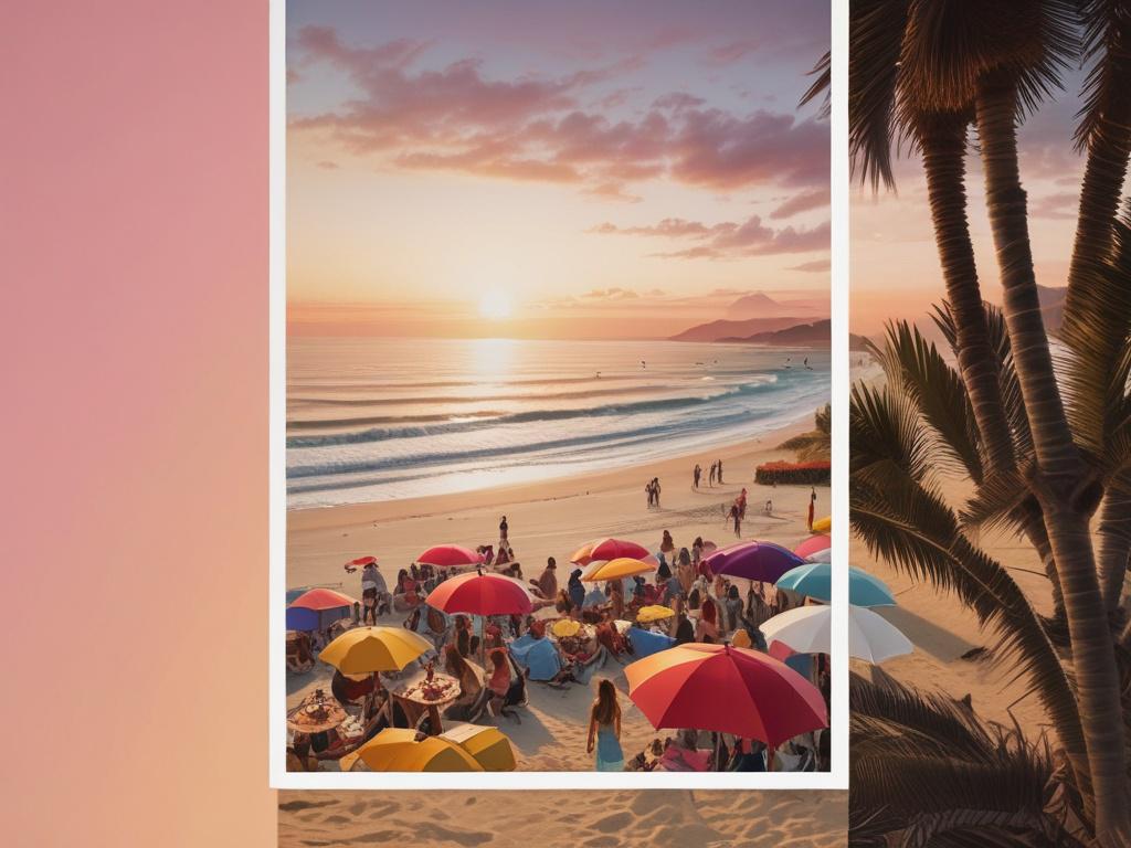 music festival, sunset, beach, culinary delights, vibrant atmosphere