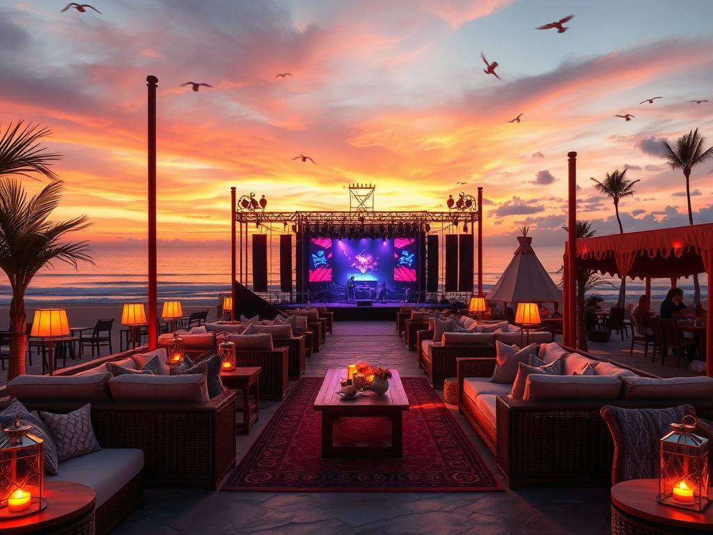 A high-resolution image of a luxurious VIP lounge area at a beach festival, with comfortable seating and elegant decorations, set against the backdrop of a stunning sunset over the ocean. The atmosphere is vibrant and inviting, with soft lighting and a clear view of the stage. The scene captures the essence of exclusivity and relaxation.