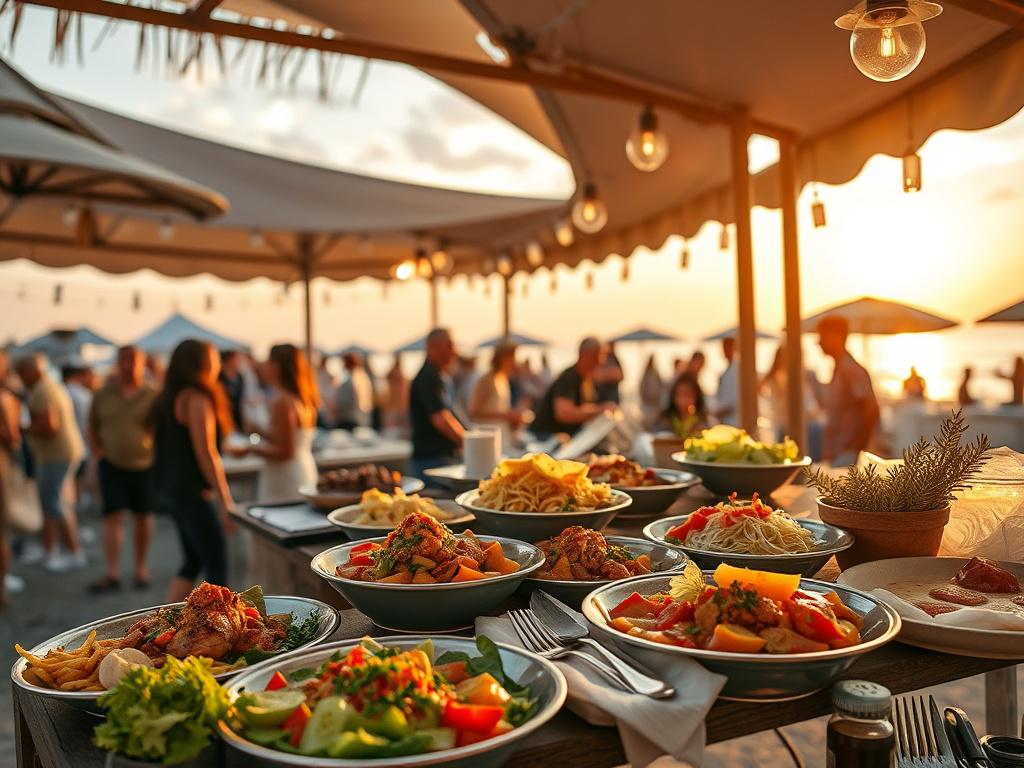 A high-resolution image of a gourmet food stand at a beach festival, showcasing beautifully presented dishes with fresh ingredients. The scene captures the vibrant colors of the food and the joyful atmosphere of festival-goers enjoying the culinary delights, with the sunset casting a warm glow.