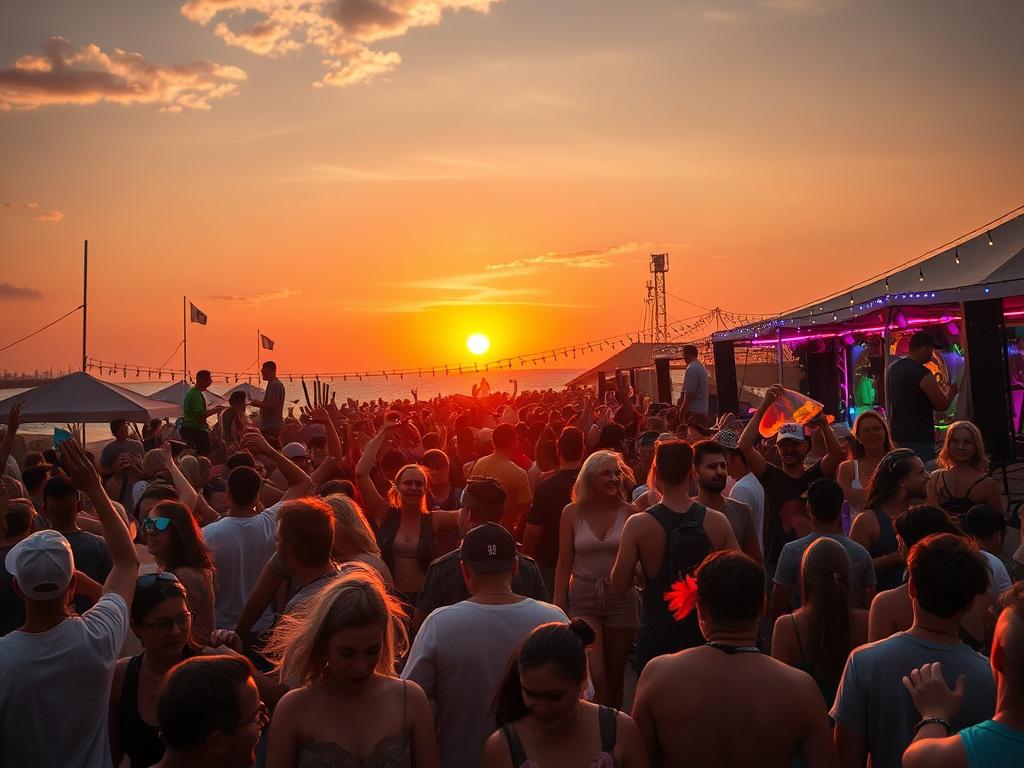 A vibrant high-resolution image of a crowd enjoying a music festival on the beach, with people dancing and celebrating as the sun sets in the background. The atmosphere is lively and joyful, filled with colorful lights and decorations, capturing the essence of fun and community.
