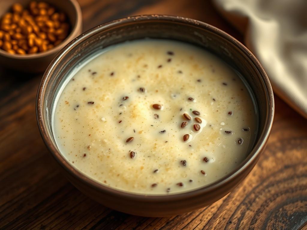 Create a hyper-realistic close-up shot of a bowl of Adai Dosa Batter. The batter should have a thick, creamy texture with visible specks of lentils and rice. The bowl should be simple and elegant, placed on a wooden surface that contrasts with the vibrant colors of the batter. The background should be softly blurred to keep the focus on the batter, and the lighting should be warm to enhance the inviting appearance of the dish. The image should be captured with a 45mm f/1.2 lens style to achieve a shallow de