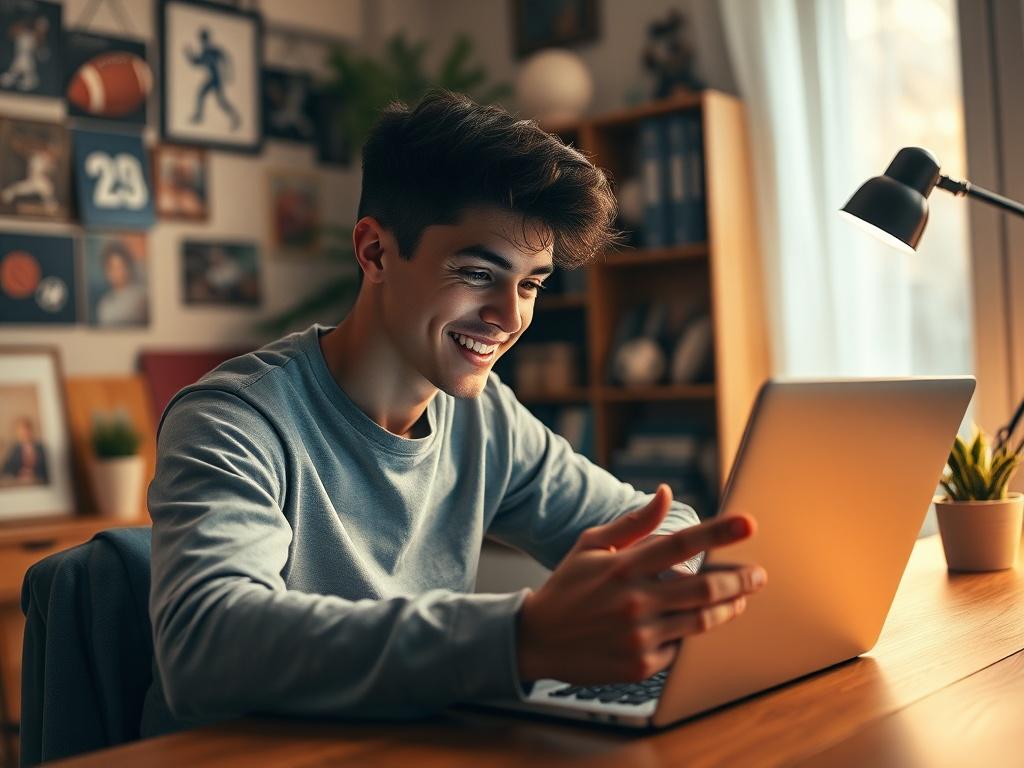 Create a highly detailed, realistic high-resolution photo featuring a close-up of a focused young adult sitting at a wooden desk, engaging with a digital device, such as a laptop or tablet. The subject should be shown smiling while studying a webpage on how to participate in LaPollaQuinielas, with a clear expression of interest and excitement. 

In the background, depict a softly blurred environment that suggests a cozy home office or study space with warm lighting. Include elements such as a bookshelf fill
