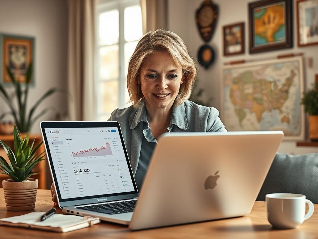 **AI Image Generation Prompt:**

Create a realistic high-resolution photo that visualizes the concept of "Mastering Local SEO." The composition should focus on a single subject—a confident small business owner examining a laptop with a website analytics dashboard open on the screen. The subject should be a middle-aged Caucasian woman dressed in smart casual attire, projecting professionalism and enthusiasm.

Place the subject in a cozy, well-lit home office setting with warm tones and natural light streamin