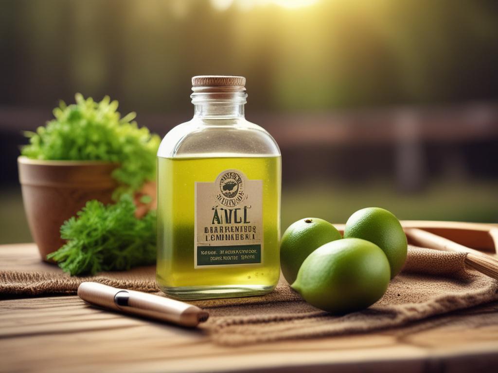 A clear container of liquid agricultural lime is placed on a rustic wooden table surrounded by various farming tools. In the background, an expansive field of crops flourishes under the sun, illustrating the effectiveness of the product. The colors are warm and earthy, emphasizing a natural farming environment.