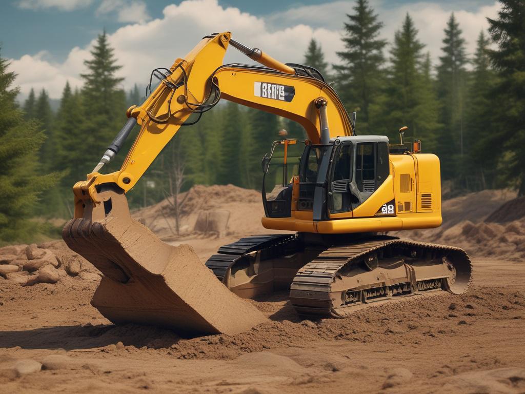 A heavy-duty excavator is actively digging a site, with mounds of earth being moved aside. The setting is a construction site with safety barriers, surrounded by trees in the background, showcasing a balance between machinery and nature. The image reflects a gritty, industrious environment.