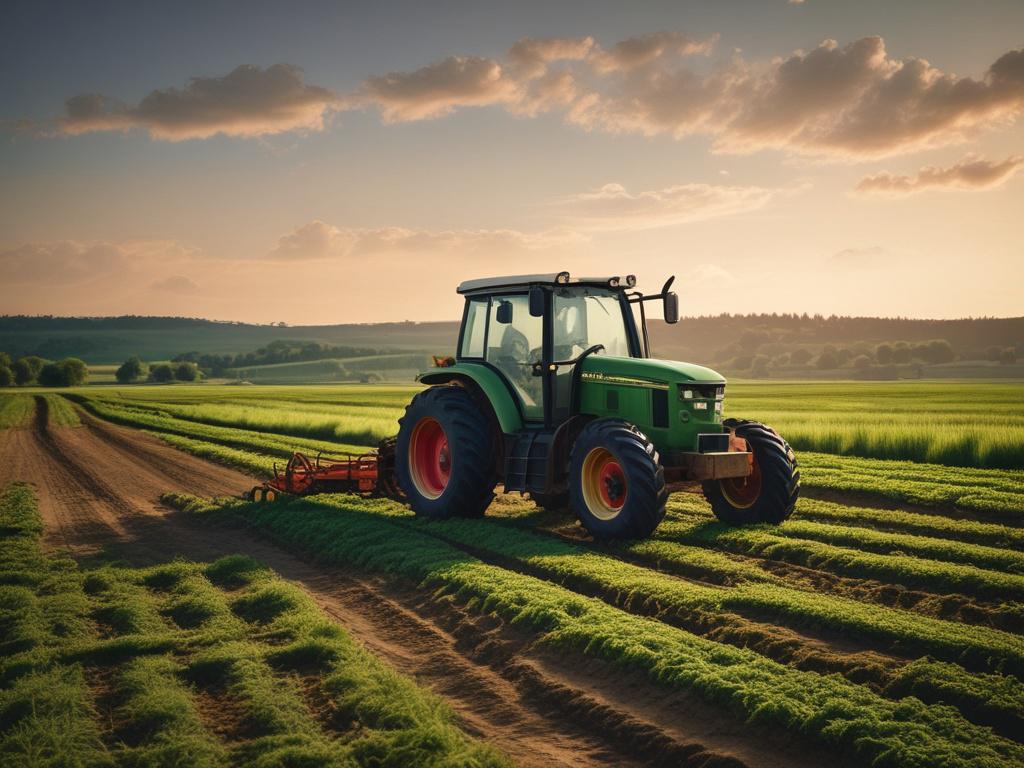 A serene agricultural landscape with healthy, lush crops and a clear sky. A tractor can be seen in the background applying lime, showcasing the process of lime remediation. The focus is on the vibrant green fields, with earthy textures and natural colors in the environment.