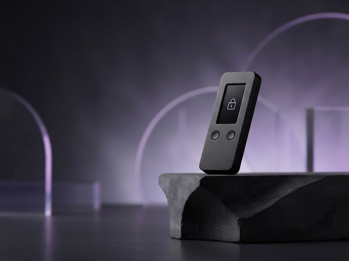 Matte-black hardware wallet on a sculptural plinth with violet light