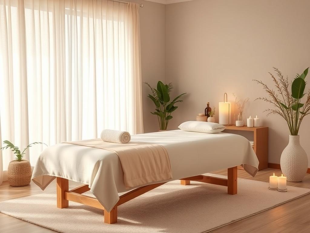 A serene massage therapy setting featuring a single massage table