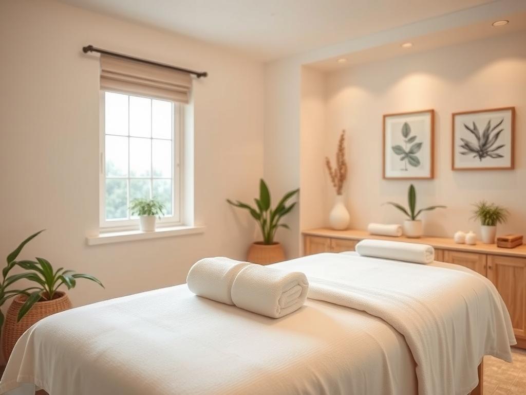 A serene massage room featuring soft, neutral tones and gentle