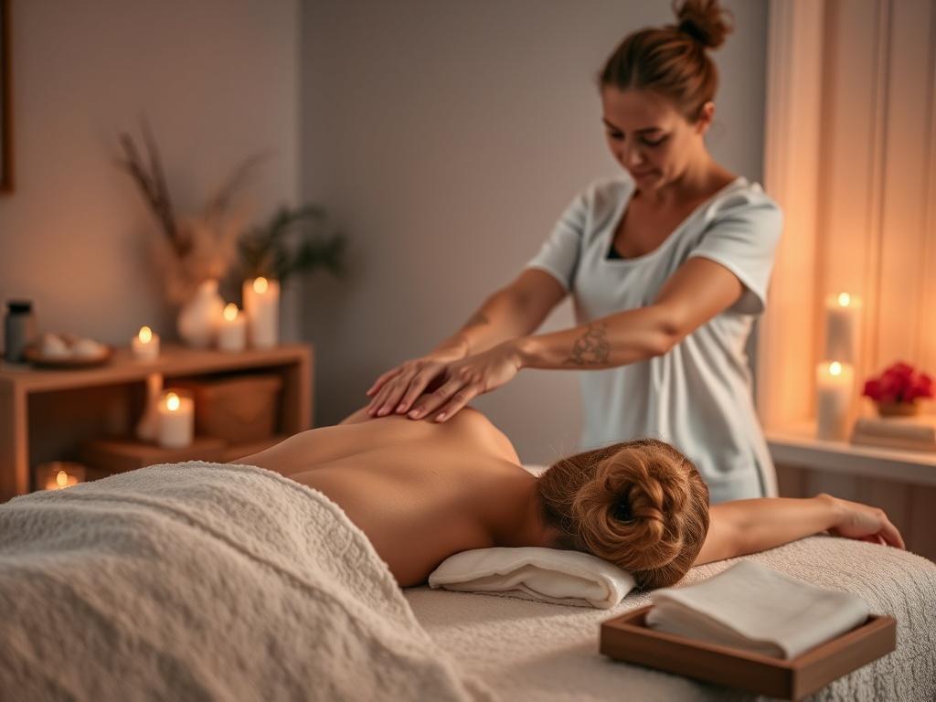 A tranquil massage setting highlighting a therapist applying gentle pressure