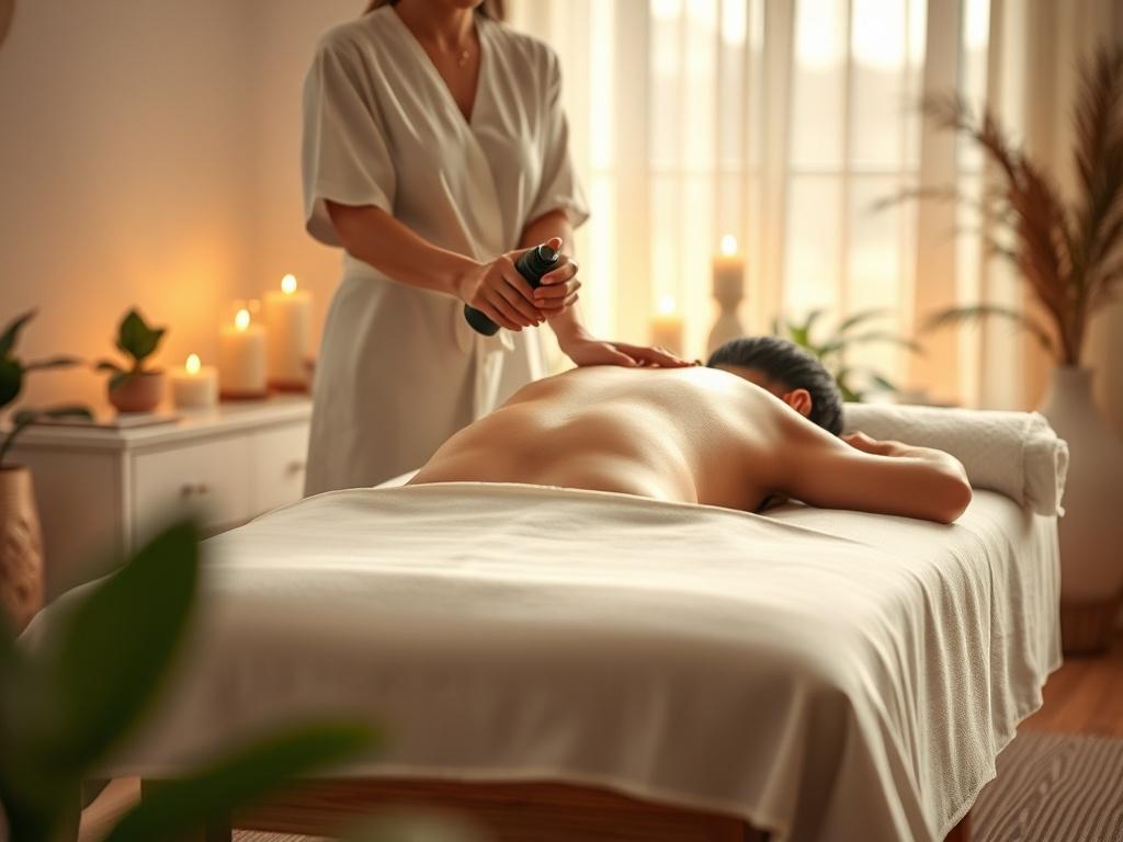 A serene and calming massage therapy room with soft lighting,