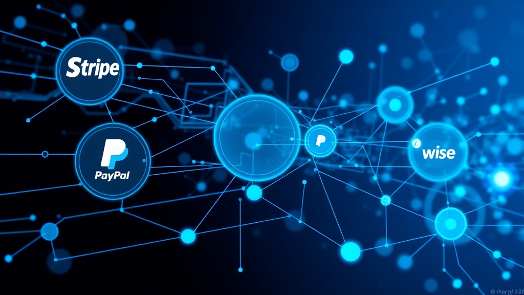 Payment gateways network visualization showing Stripe, PayPal, and Wise connections