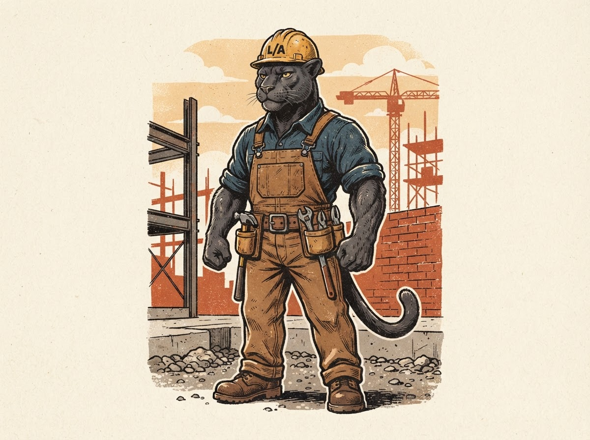 L/A Construction Co. panther mascot painting a wall — vintage contractor advertisement