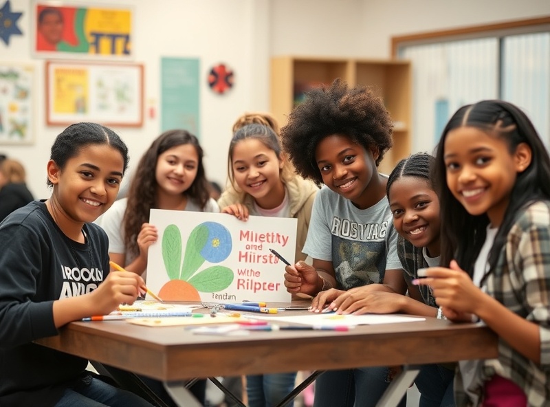 Diverse young people enjoying community art activity together