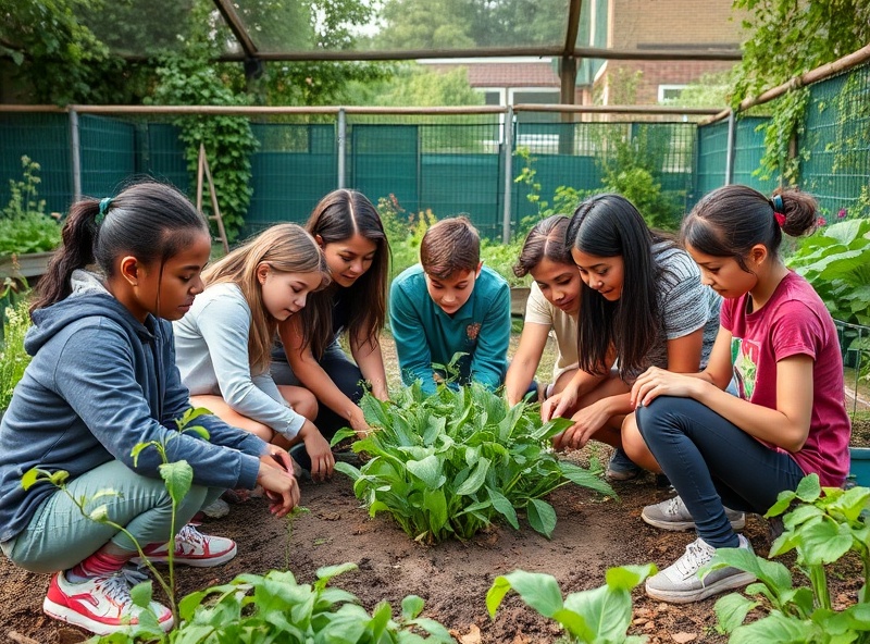 Young people of various backgrounds learning together in a community garden