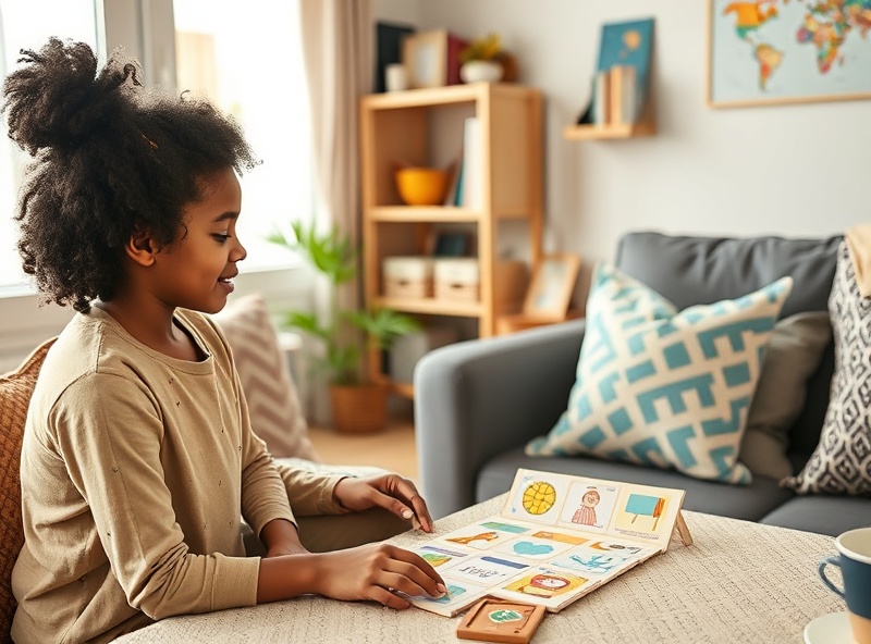 Support worker using visual communication boards with young person