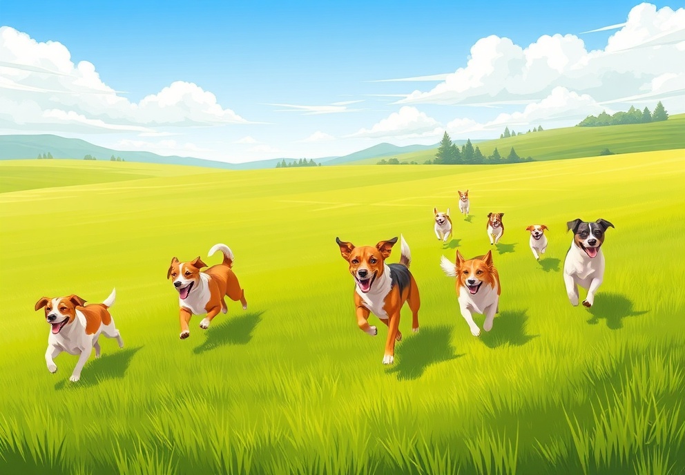 Dogs running freely in a wide open green landscape