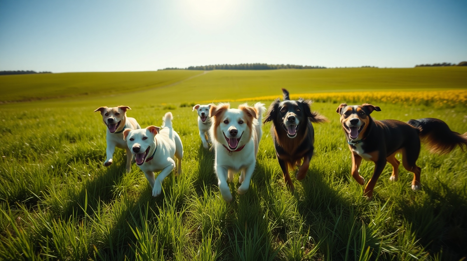 Happy dogs running in a sunny countryside field