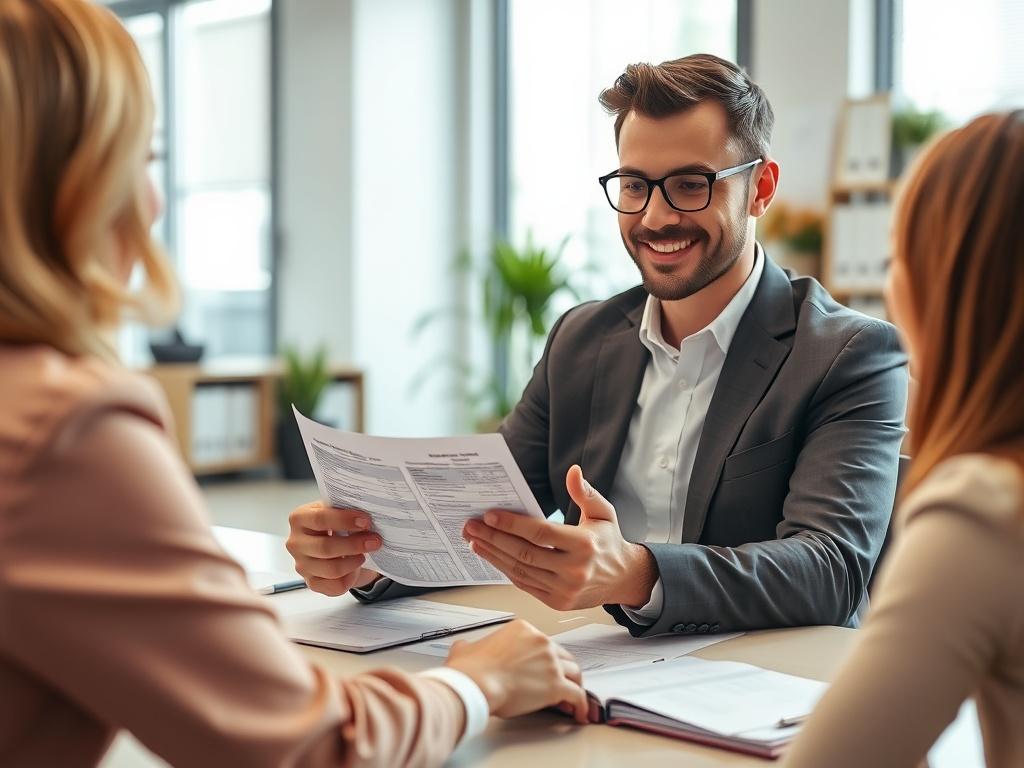 A close-up shot of a friendly, professional credit repair consultant sitting at a desk, engaging with a client in an office setting. The consultant is showing a document with credit information, looking approachable and attentive. The background features a well-organized office space with soft lighting and a touch of greenery, creating a welcoming atmosphere. The primary color theme is emphasized with rich red accents, creating a warm and inviting environment.
